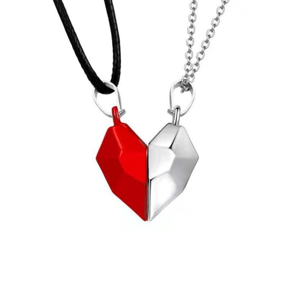 Heart Magnet Necklace Set for‎ Couple - Red w/ Silver, Great Gift, Anniversary